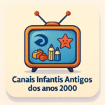 Ilustração em estilo retrô de uma televisão antiga exibindo o texto 'Canais Infantis Antigos dos anos 2000'